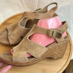 Womens CLARKS WEDGE SANDALS  Cork SLING TAN LEATHER SIZE 10 M